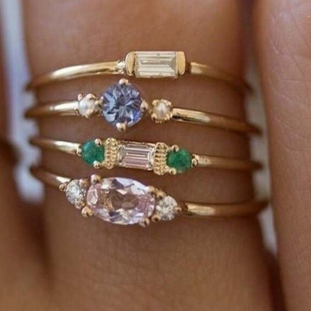 Gold Stacking Ring Set with Pink, Blue and Green Stones - fashion set size 6